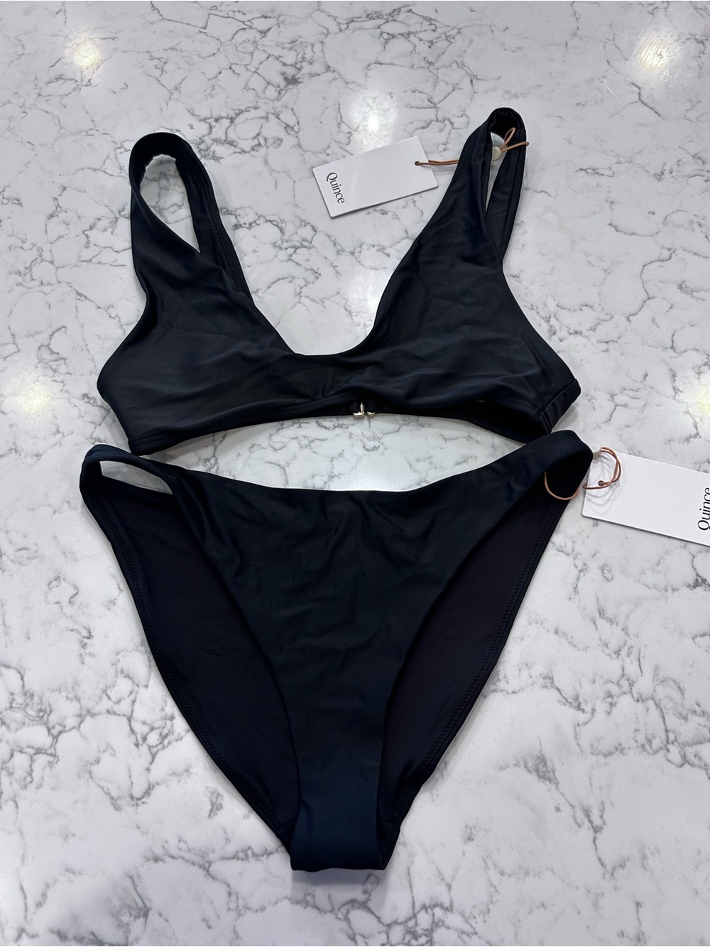 NWT Quince Black Italian Plunge Bikini Top & Low Rise Bottom Set Size Small